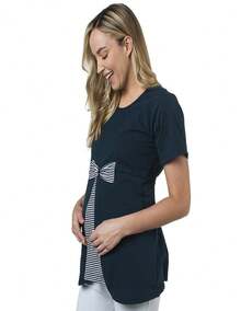 Blusa maternidad lactancia amamantamiento premamá embarazo embarazada mujer dama lisa manga corta cuello redondo moño decorativo frontal detalle rayas apertura frontal oculta para lactancia corte amplio cómoda suave fresca ligera casual diario posparto crianza outfit femenino moderno versátil holgada crecimiento pancita primavera verano otoño invierno - Azul marino - Ver 3