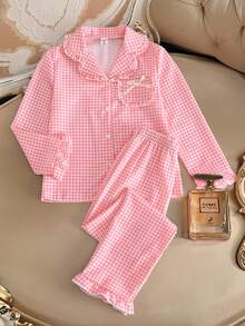 2pcs Girls Elegant Textured Fabric Frill Trim Pink & White Plaid Long Sleeve Top And Pants Pajama Set Pajama Set Pink Gingham - Pink - View 4