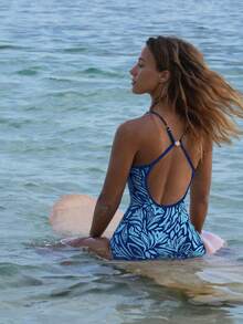 Swim SPRTY Áo tắm liền thân mùa hè mới dành cho nữ, họa tiết hoa, thiết kế hở lưng với viền tương phản, thích hợp cho bãi biển, kỳ nghỉ và thể thao. - Nhiều màu - Xem 5