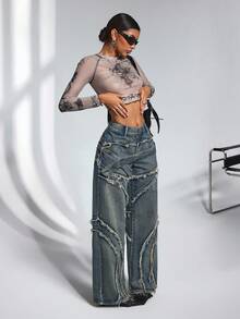 Jeanoix 女士休闲破洞阔腿牛仔裤 宽松牛仔裤 Y2K 宽松牛仔裤 阔腿牛仔裤 女士破洞牛仔裤 - 藍色 - 查看 6