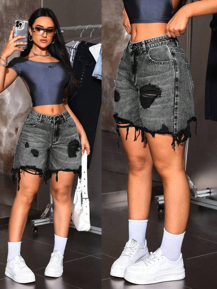 SHEIN Tall 女士休闲做旧毛边牛仔短裤，带口袋 - 灰色 - 查看 1