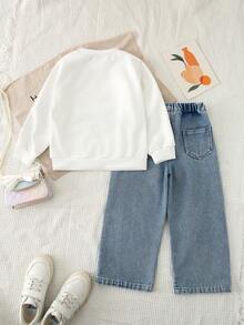 Girls' Long Sleeve T-Shirt With Cute Bow Print & Blue Straight Leg Jeans,Back-To-School Casual Light Pink Outfit,Autumn School Relaxed Fit Set - Multicolor - View 5