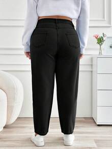 EURMUSE Plus Size Casual Versatile Washed Tapered Jeans - Black - View 2