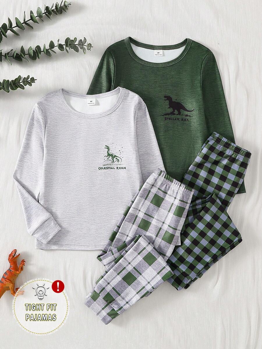 4件套/2套 男童恐龙印花蓝灰色长袖上衣搭配经典格子打底裤四件套睡衣套装，秋冬季休闲舒适装扮 - 彩色 - 查看 1