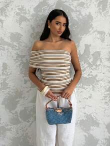 Glamine Chic Women's Khaki Striped Rib Knit Off The Shoulder Short Sleeve Asymmetrical Top - Khaki - View 6