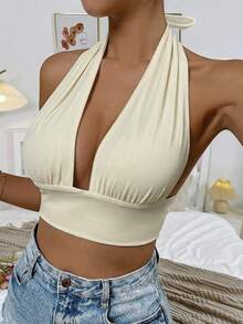 Glamine Women's Simple Solid Color Halter Cropped Tank Top, Summer - Apricot - View 6