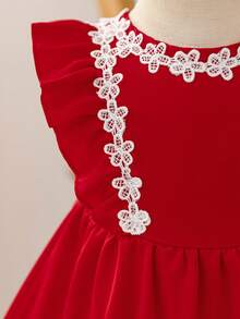 SHEIN Glamorique Kids 女婴优雅蕾丝边荷叶边连衣裙 - 紅色 - 查看 7