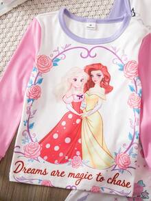 Bộ đồ mặc nhà thoải mái, ôm sát, cổ tròn, họa tiết công chúa và bướm, phối màu, dành cho bé gái, gồm 4 món, thích hợp cho mùa Thu/Đông. - Nhiều màu - Xem 4