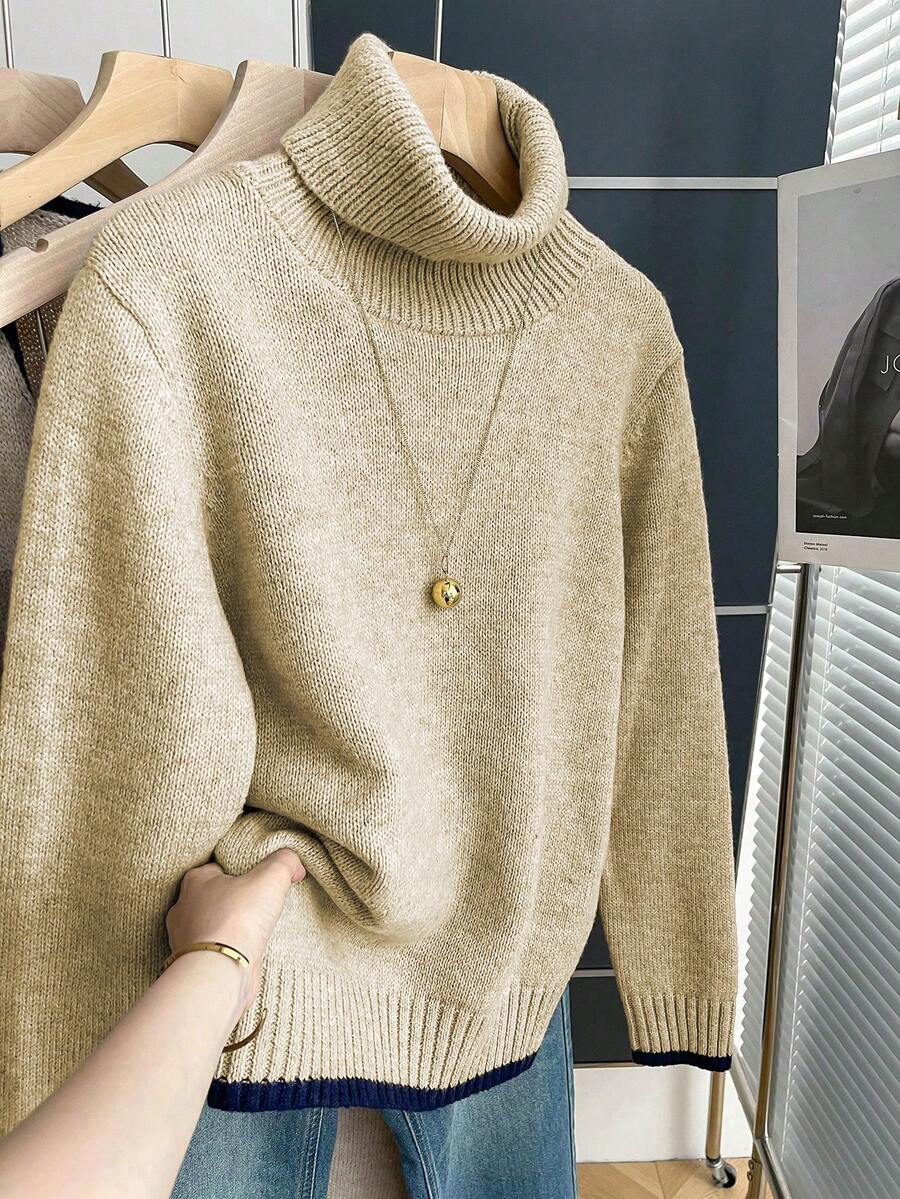 Franclia 法式复古宽松高领长袖撞色滚边针织套头毛衣，女士秋冬款 - 杏色 - 查看 1