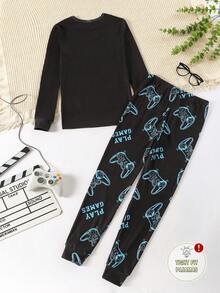 2pcs Teenage Boys' Luminous Game Controller Pattern Snug Fit Long Sleeve Pajama Set Snug Fit Gamer Boys  Sets - Blue - View 2