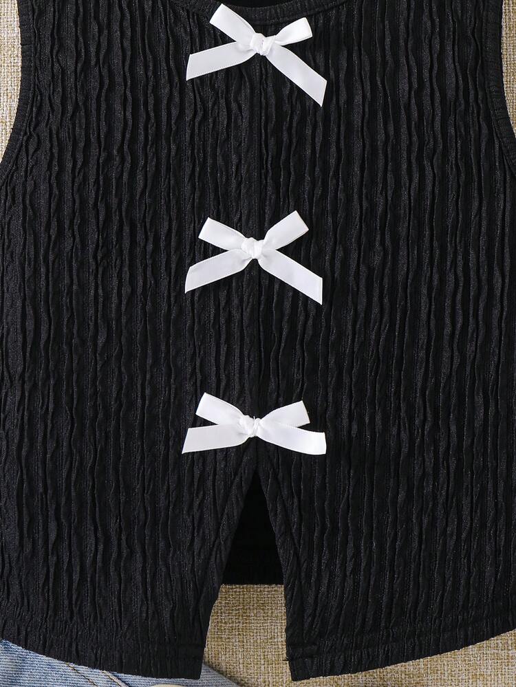 女童圆领休闲撞色蝴蝶结开衩露背无袖针织上衣/背心，可爱甜美复古时尚。母女/姐妹亲子装。春夏必备。 - 黑色 - 查看 5
