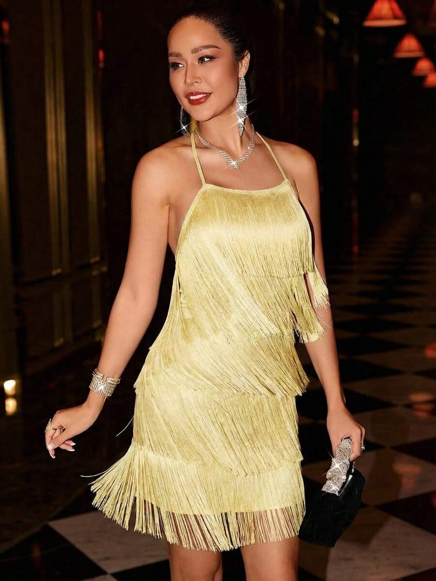 Glamine 女士性感时尚派对宴会多层流苏打结吊带连衣裙，夏季 - 鵝黃色 - 查看 1