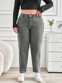 SHEIN Cottnline Plus Size Solid Color Slant Pocket Casual Alternative Versatile Jeans Formal Evening Grey Summer - Light Grey - View 4