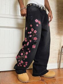 STEELVANCE Men's Casual Distressed Embroidered Jeans Cherry Blossom Jeans Flower Pants Distressed Jeans, Perfect Holiday Gift For Boyfriend & Husband - Black - View 8