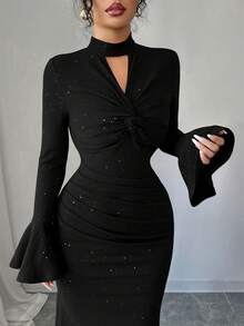 Elenzga New V-Neck Textured Metallic Twist Front Flare Sleeve Dress, Elegant & Versatile For Vacation, Casual Daily Wear, Autumn/Winter - Black - View 3