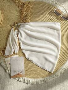 SHEIN Tween Girl Plain White Color Side Tie Chiffon Skirt, Summer Vacation Casual/ Bathing Suit Cover Up/ Swimsuit Cover Up /Bathing Suit Coverup/ Bathing Suit Cover Up Kids/ Metal Starfish Decor Beach Wrap Sarong