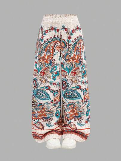 SHEIN Girlism Tween Girls' Casual Comfortable Mid-Waist Retro Pattern Pants Wide Leg Pants Paisley Pattern Pants Loose Pants Summer Pants