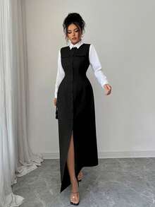 Elenzga 新款女士圆领无袖仿毛皮斜纹面料开襟假口袋A字春秋季休闲度假通勤百搭优雅长裙 - 黑色 - 查看 4