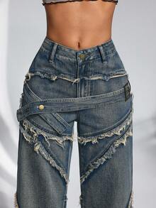 Jeanoix 女士休闲破洞阔腿牛仔裤 宽松牛仔裤 Y2K 宽松牛仔裤 阔腿牛仔裤 女士破洞牛仔裤 - 藍色 - 查看 7