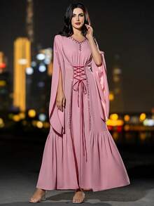 Layrah Women's Handmade Beaded Back Drawstring Abaya Kaftan Jalabiya Dress Long Sleeve Long Dress Abaya Dress For Evening Party - Pink - View 4