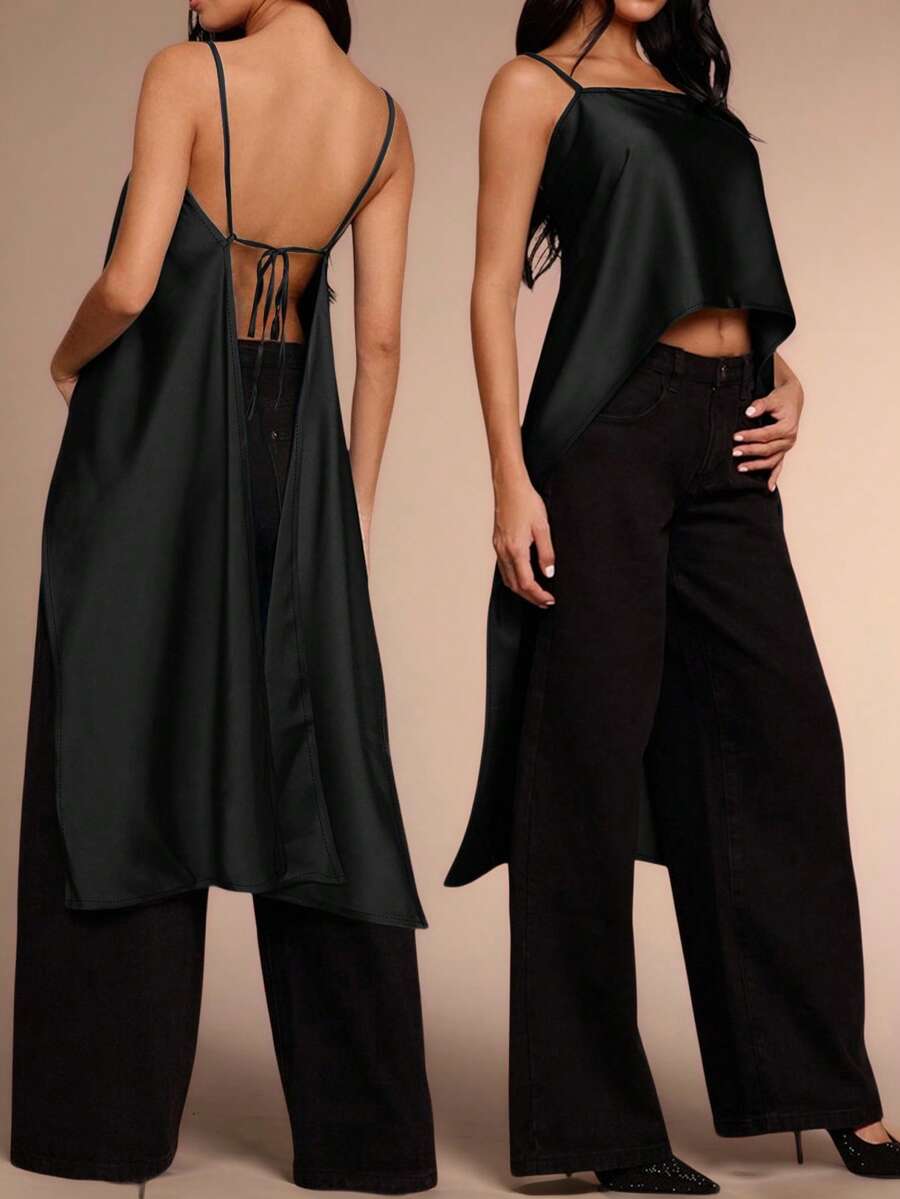 Maweii Áo camisole satin cỡ lớn kiểu nữ thần, ngắn phía trước, dài phía sau với chi tiết dây mảnh. - màu đen - Xem 1