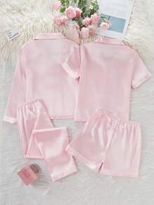 少女睡衣套装 - 两件套粉色缎面长袖翻领睡衣，包含长裤和短裤，适合大女孩穿着，轻盈顺滑，优雅舒适，四季皆宜，是睡前和假期的理想之选。2026 年必备礼物，舒适透气，可机洗，是晨间日常穿着的理想选择。 - 粉色 - 查看 2