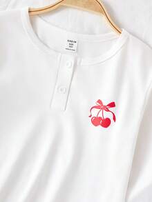 Girls' Cherry Plaid Pattern Half-Placket Top & Elastic Waist Shorts 2 Pieces Pajama Set Cherry Pajama Set - Red and White - View 7