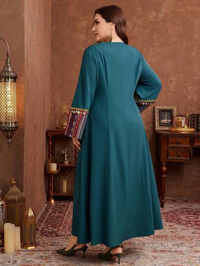Al Najma 大码女式拼接流苏装饰腰部A字度假阿拉伯连衣裙