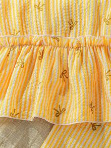 Set de 2 piezas para niñas jóvenes con top de tirantes con estampado de rayas y moño, y pantalones de pierna ancha con volantes, dulce y fresco, para verano - Amarillo - Ver 7