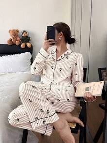 SHEIN 蝴蝶结、爱心和樱桃印花领长袖睡衣套装 - 黑色 - 查看 1