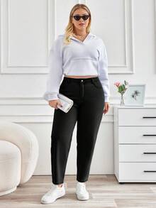 EURMUSE Plus Size Casual Versatile Washed Tapered Jeans - Black - View 3