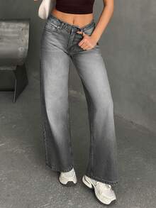 EURMUSE WOMEN WIDE LEG MID WAIST JEANS - Grey - View 4