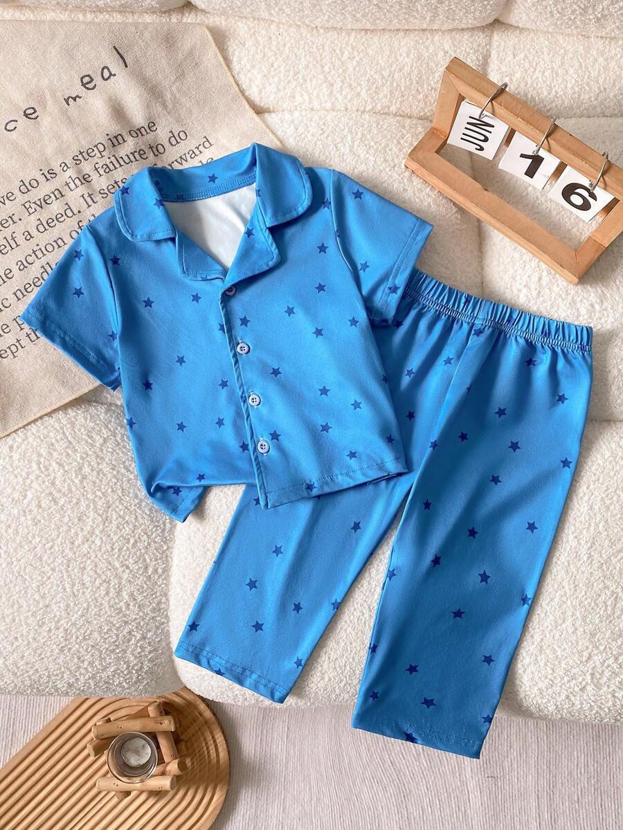 2件套男婴可爱星星印花POLO领开衫短袖套装，包含一件开衫和一条裤子，舒适休闲装