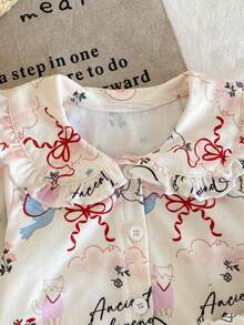 2pcs Baby Girls Cute Rabbit Bow Floral Print Doll Collar Ruffle Trim Long Sleeve Top And Pants Homewear Set - Apricot - View 7