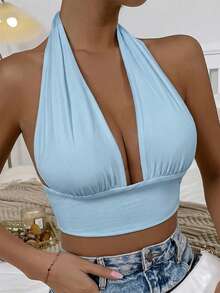 Glamine 女士简约纯色露背短款吊带背心，夏季 - 淺藍色 - 查看 1