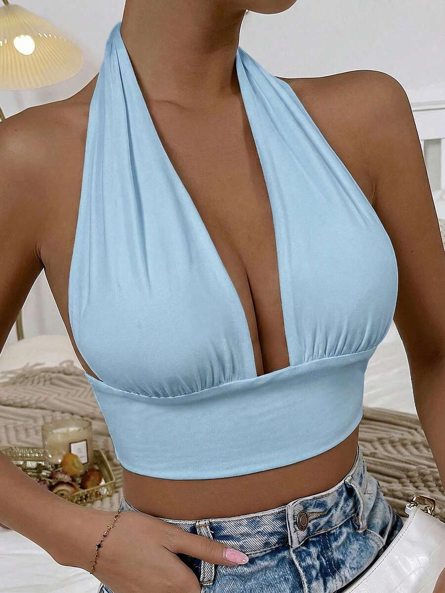 Glamine 女士简约纯色露背短款吊带背心，夏季 - 淺藍色 - 查看 1