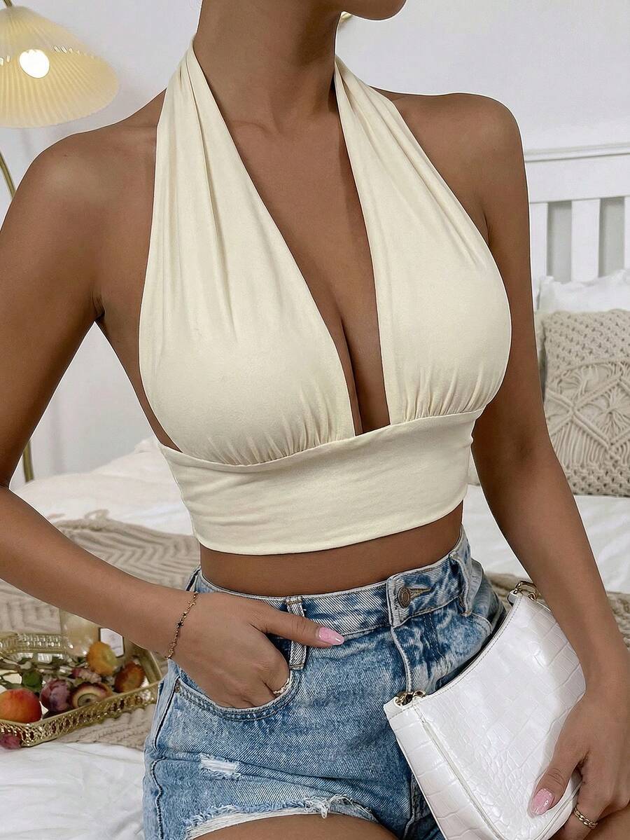 Glamine Women's Simple Solid Color Halter Cropped Tank Top, Summer - Apricot - View 1