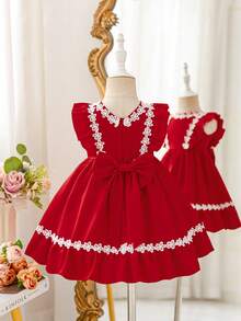 SHEIN Glamorique Kids 女婴优雅蕾丝边荷叶边连衣裙 - 紅色 - 查看 2