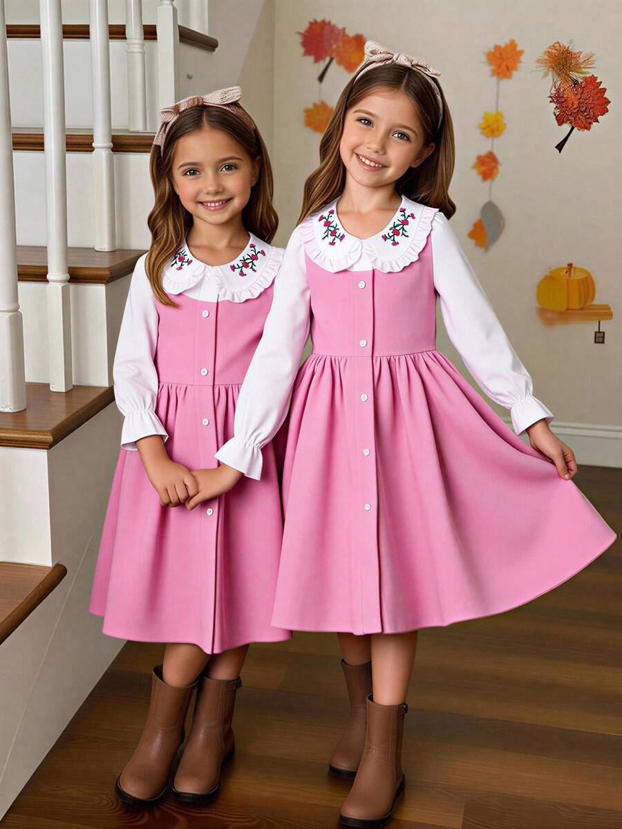 Tween Girls Cute Peter Pan Collar Embroidered Contrast Color Dress - Pink - View 1