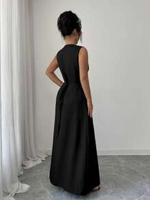 Elenzga 新款女士圆领无袖仿毛皮斜纹面料开襟假口袋A字春秋季休闲度假通勤百搭优雅长裙 - 黑色 - 查看 2