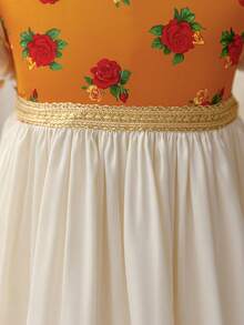 Glamorique Kids 少女碎花印花方领荷叶边短袖复古连衣裙 - 杏色 - 查看 5