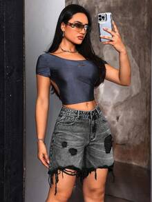 SHEIN Tall 女士休闲做旧毛边牛仔短裤，带口袋 - 灰色 - 查看 6