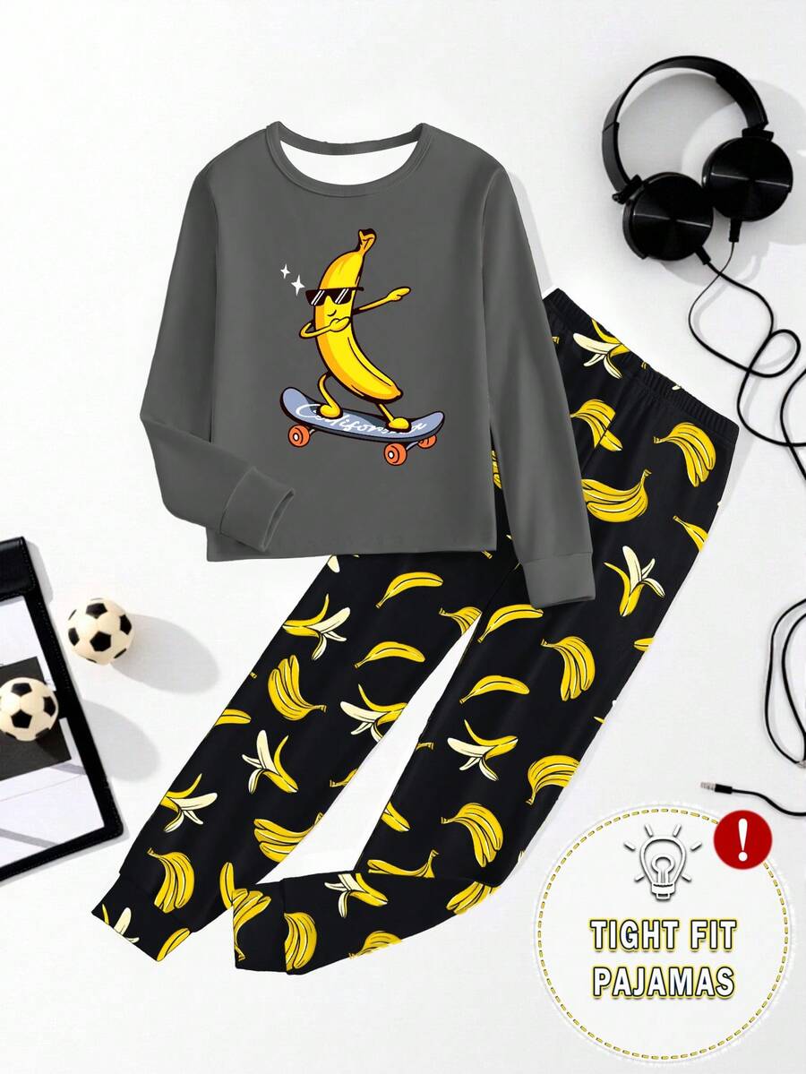 一套男童滑板香蕉超级英雄印花针织修身圆领长袖上衣和裤子睡衣套装，春秋季 - 灰色 - 查看 1