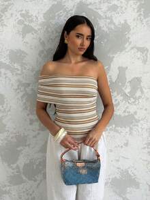 Glamine Chic Women's Khaki Striped Rib Knit Off The Shoulder Short Sleeve Asymmetrical Top - Khaki - View 4