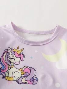Baby Girls' Unicorn, Rainbow, Cloud & Moon Print Ruffle Hem Loose Comfortable Long Sleeve Dress, Nightgown & Loungewear - Purple - View 3