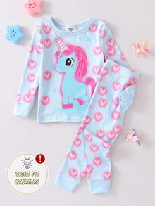 SHEIN Perso Play 2pcs Baby Girls' Cute Unicorn Print Bodysuit & Leggings Pajama Set - Blue - View 6