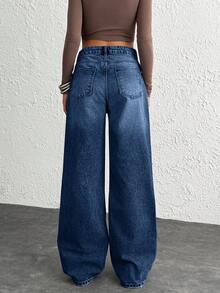 WOMEN CLASSIC HIGH WAIST WIDELEG MEDIUM WASH DENIM JEAN ASYMETRIC WAIST Y2K - Dark Wash - View 2