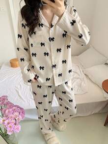 少女两件套睡衣，优雅杏色，黑色蝴蝶结图案印花，阻燃面料，长袖上衣和裤子 - 杏色 - 查看 10