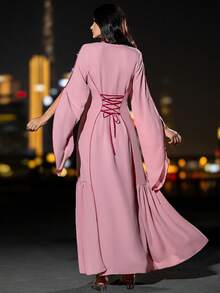 Layrah Women's Handmade Beaded Back Drawstring Abaya Kaftan Jalabiya Dress Long Sleeve Long Dress Abaya Dress For Evening Party - Pink - View 2
