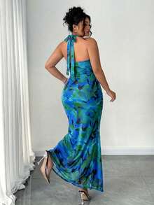 Elenzga Plus Size Women Elegant Halter Backless Dress - Multicolor - View 2